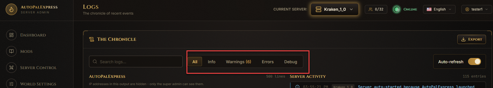 Level filter tabs