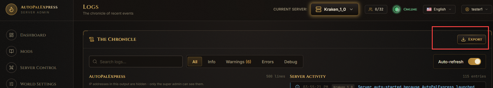 Export button