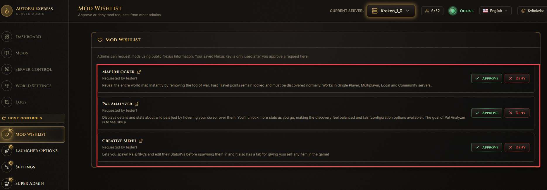 A pending wishlist request row