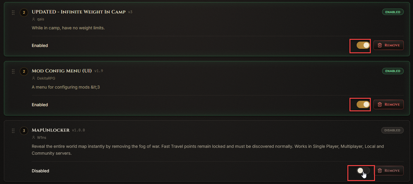 Mod enable/disable toggle