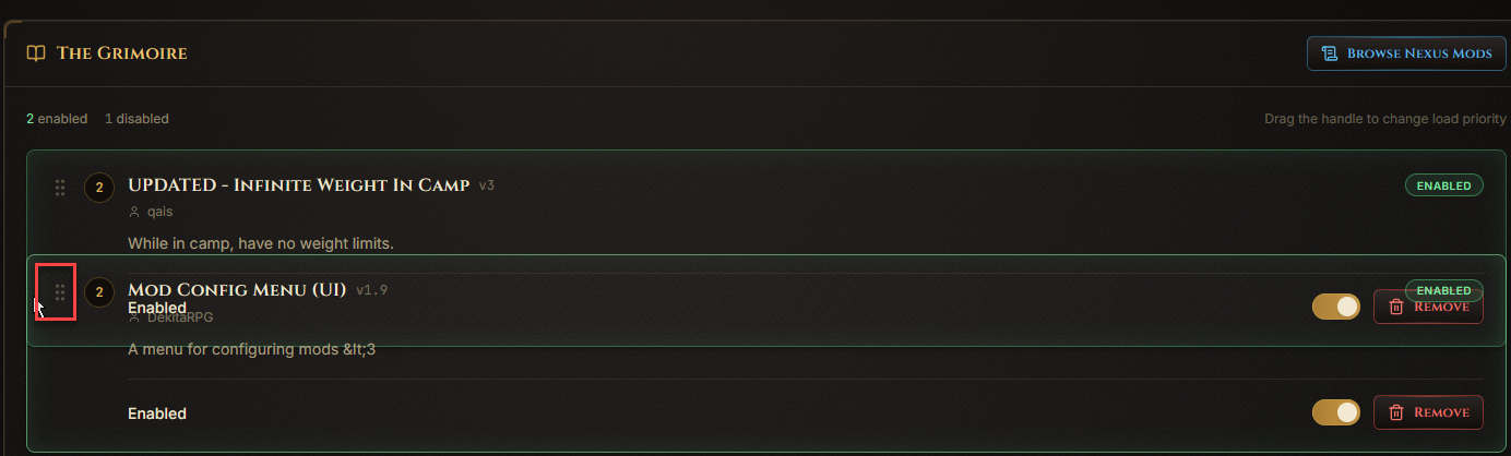 Drag handle for reordering mods