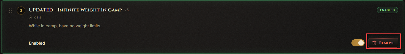 Update and Remove buttons on a mod card