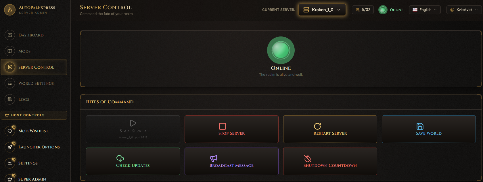 Full Server Control page