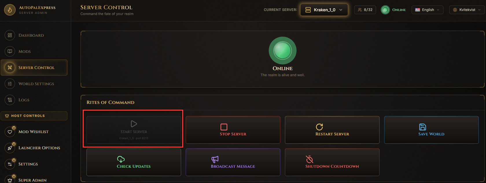 Start Server tile with Change dropdown