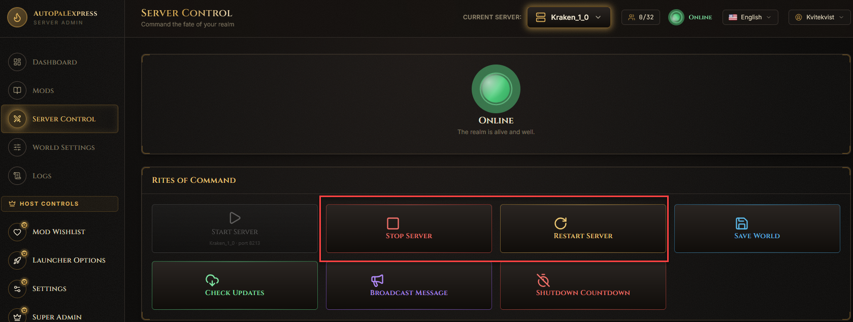 Stop and Restart buttons with confirmation dialog