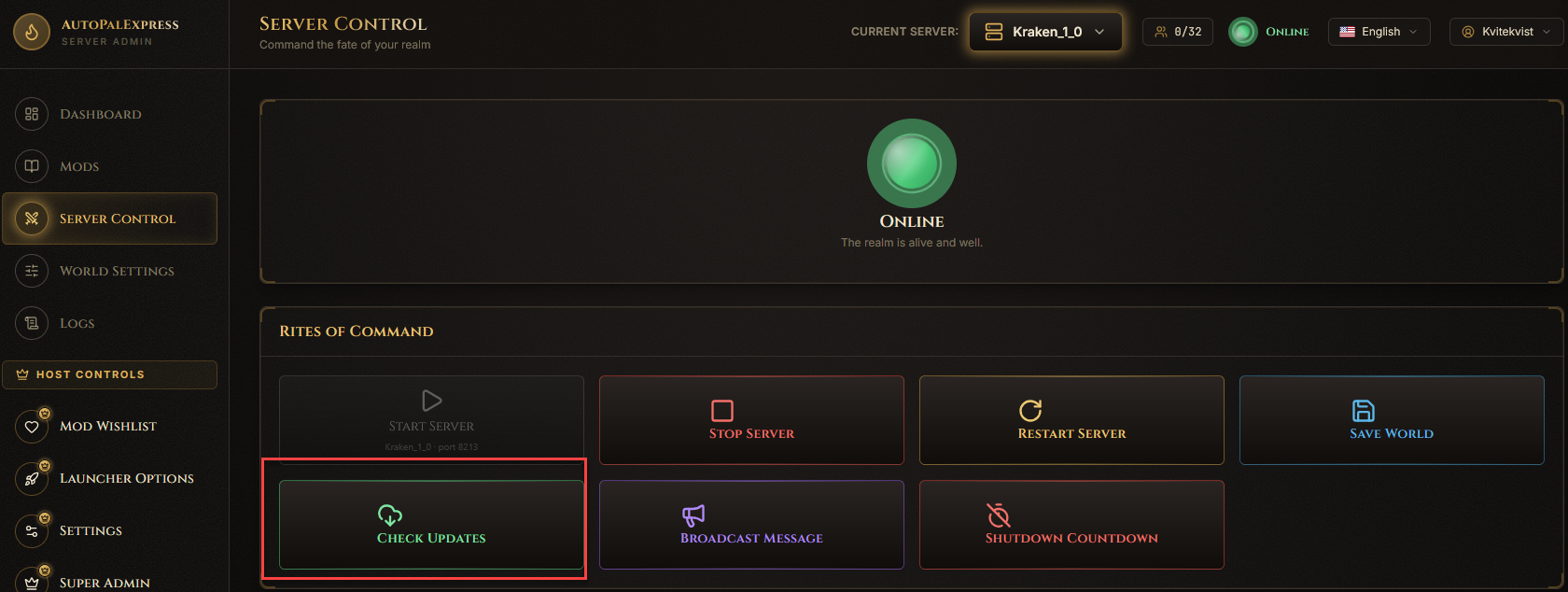 Check Updates button and update confirmation