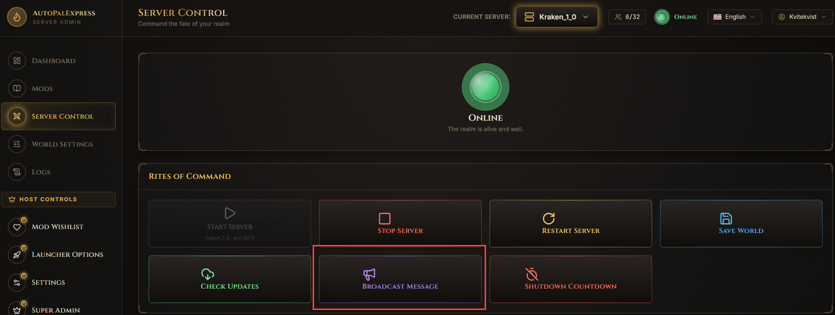 Broadcast Message button and text box