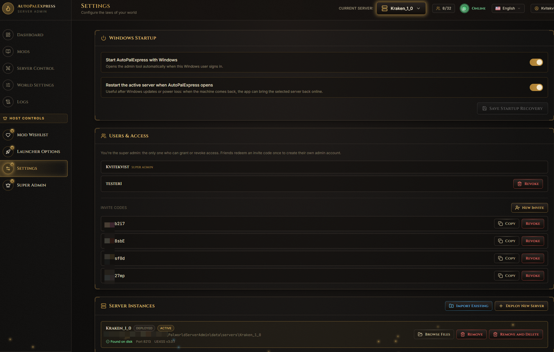 Full Settings page