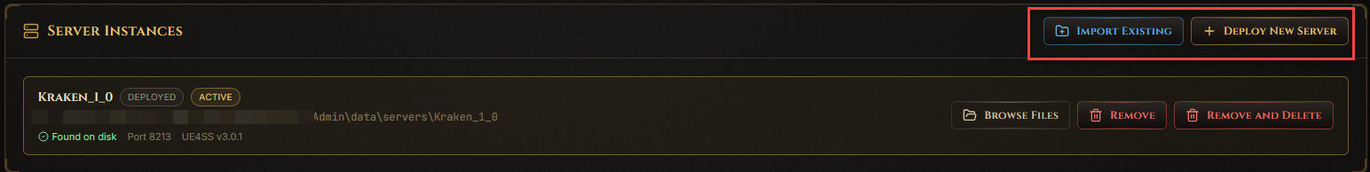 Deploy New Server and Import Existing buttons