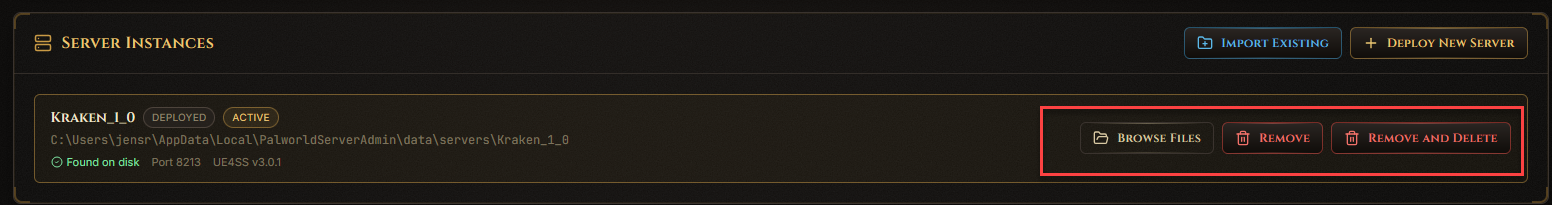 Per-server action menu