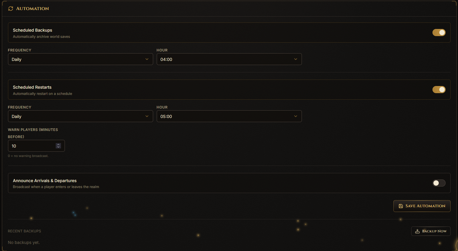 Automation panel with backup schedule