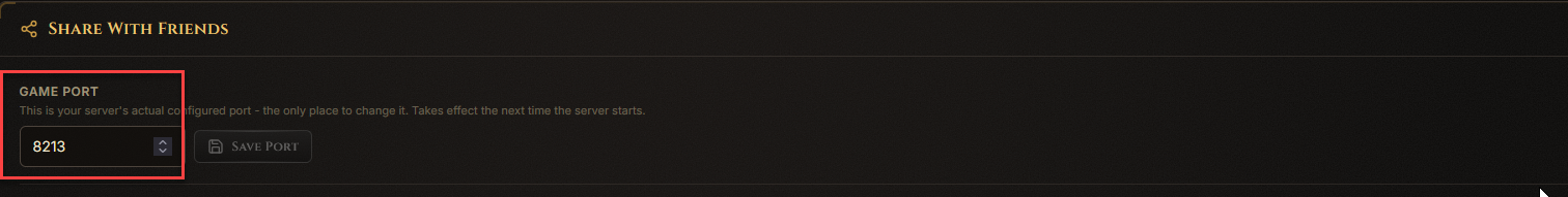Active Server panel showing the game port