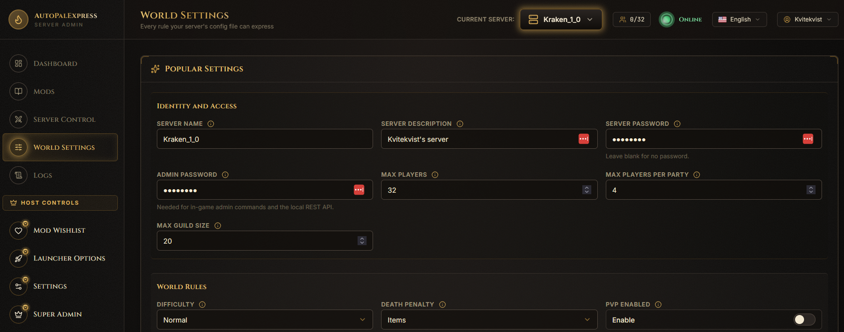 Full World Settings page