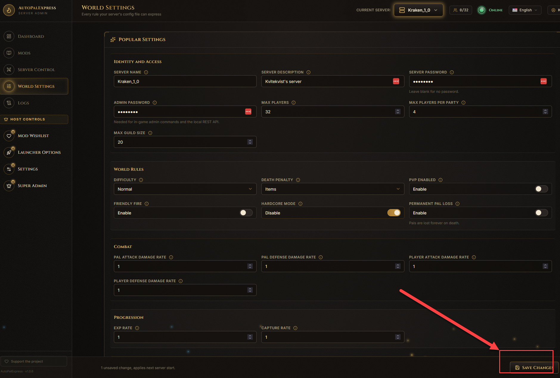 Save Changes button