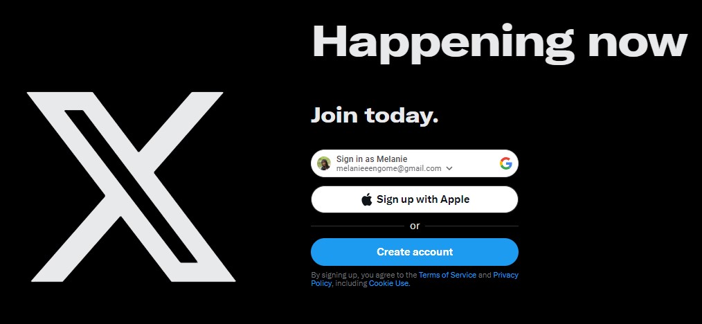 X interface showing options to sign up with Google and Apple ID, also a "Create account" button