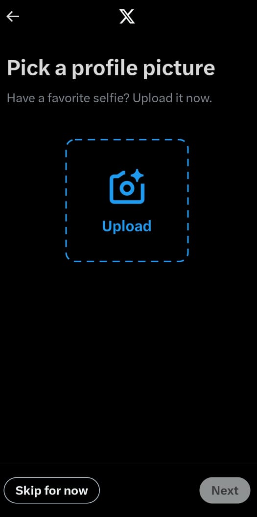 A prompt page for profile picture upload with a focused "Skip for now" button