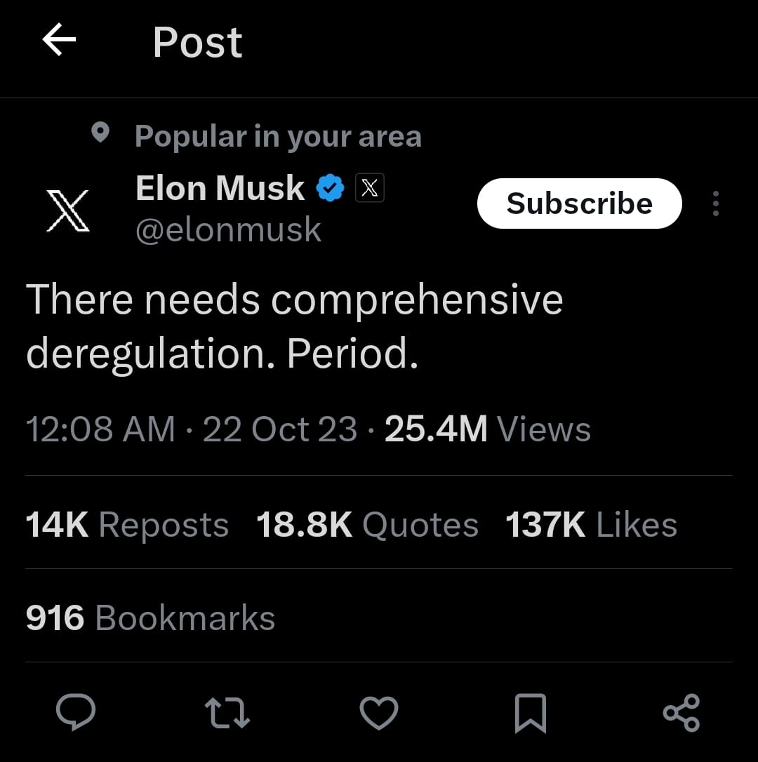 A post by Elon Musk showing some information at the bottom of the post, along with icons and their stats