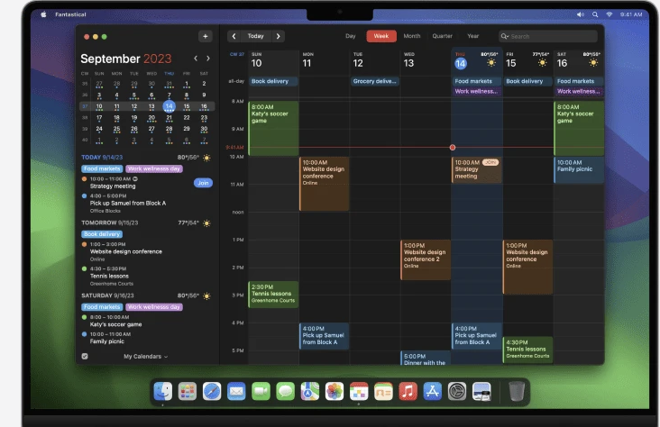 Screenshot of Fantastical showing dark mode and items scheduled on the calendar