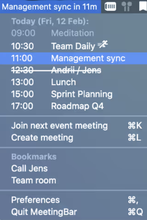 screenshot of example usage of meeting bar with the open drop down showing a number of meetings and at the top how much time until the next meeting