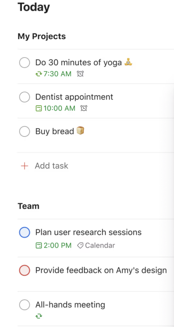 Todoist showing a number of projects with tasks and a team section with additional tasks