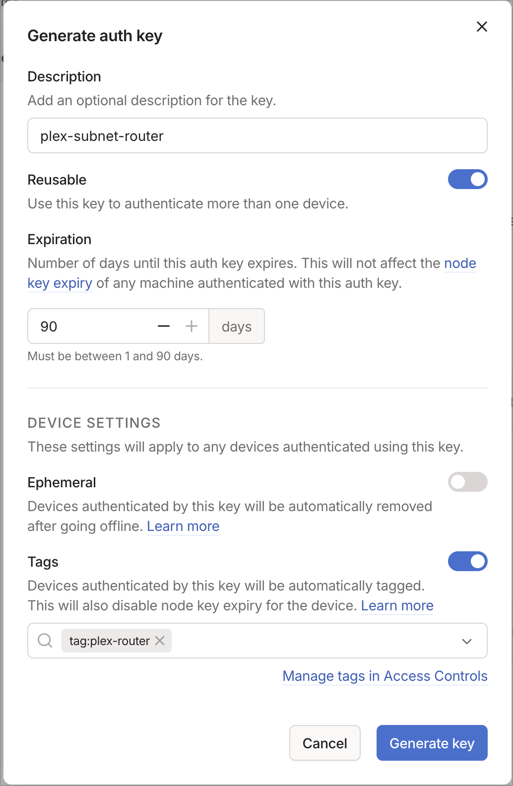 Generate auth key dialog