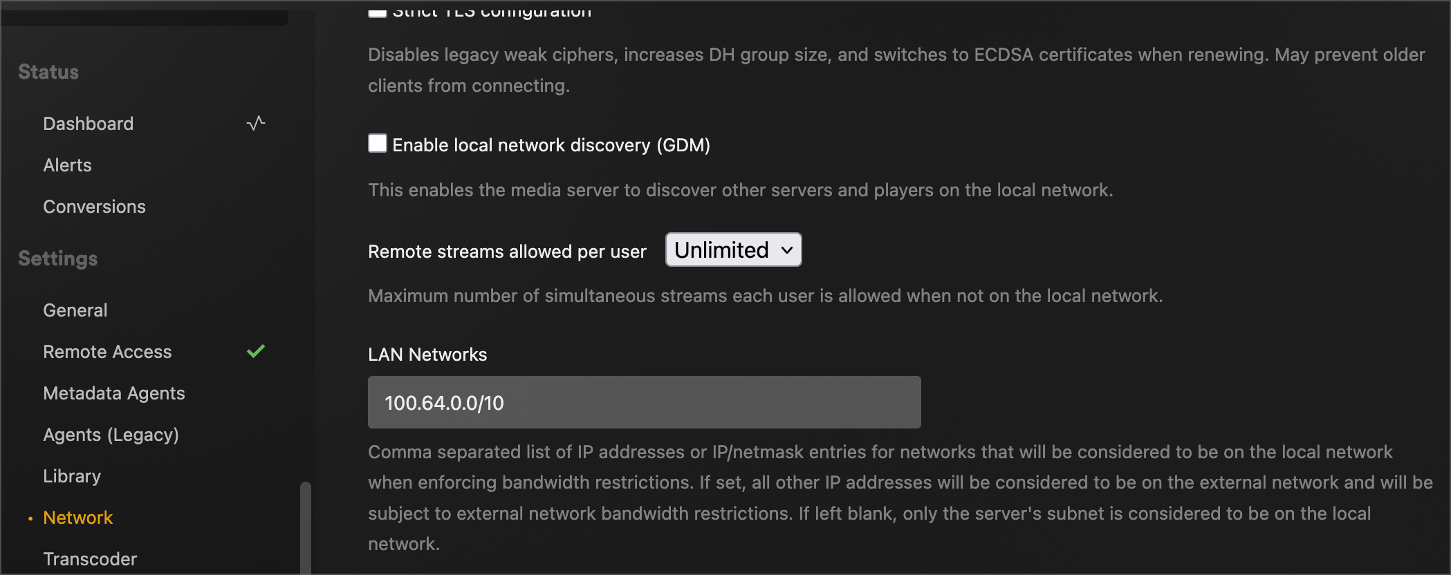 Plex Settings → Network → LAN Networks with 100.64.0.0/10 added
