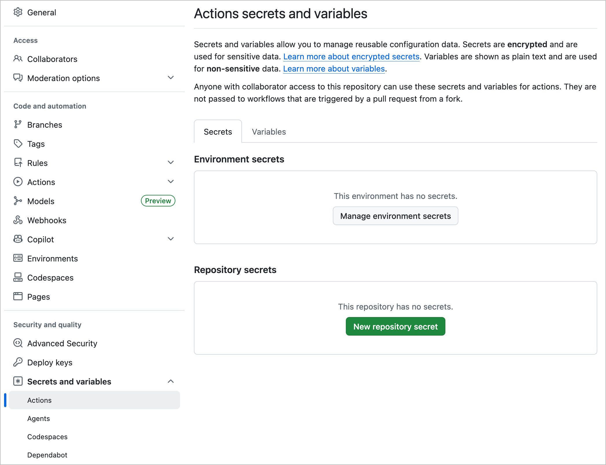 GitHub Actions secrets page, empty state