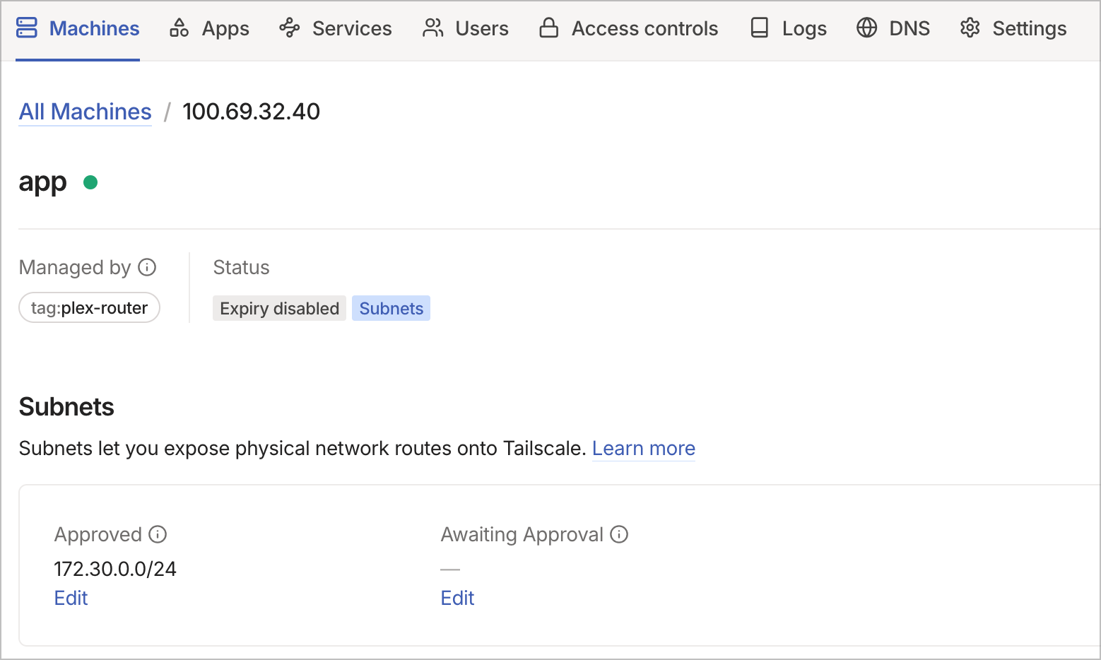 App device detail page showing 172.30.0.0/24 as Approved
