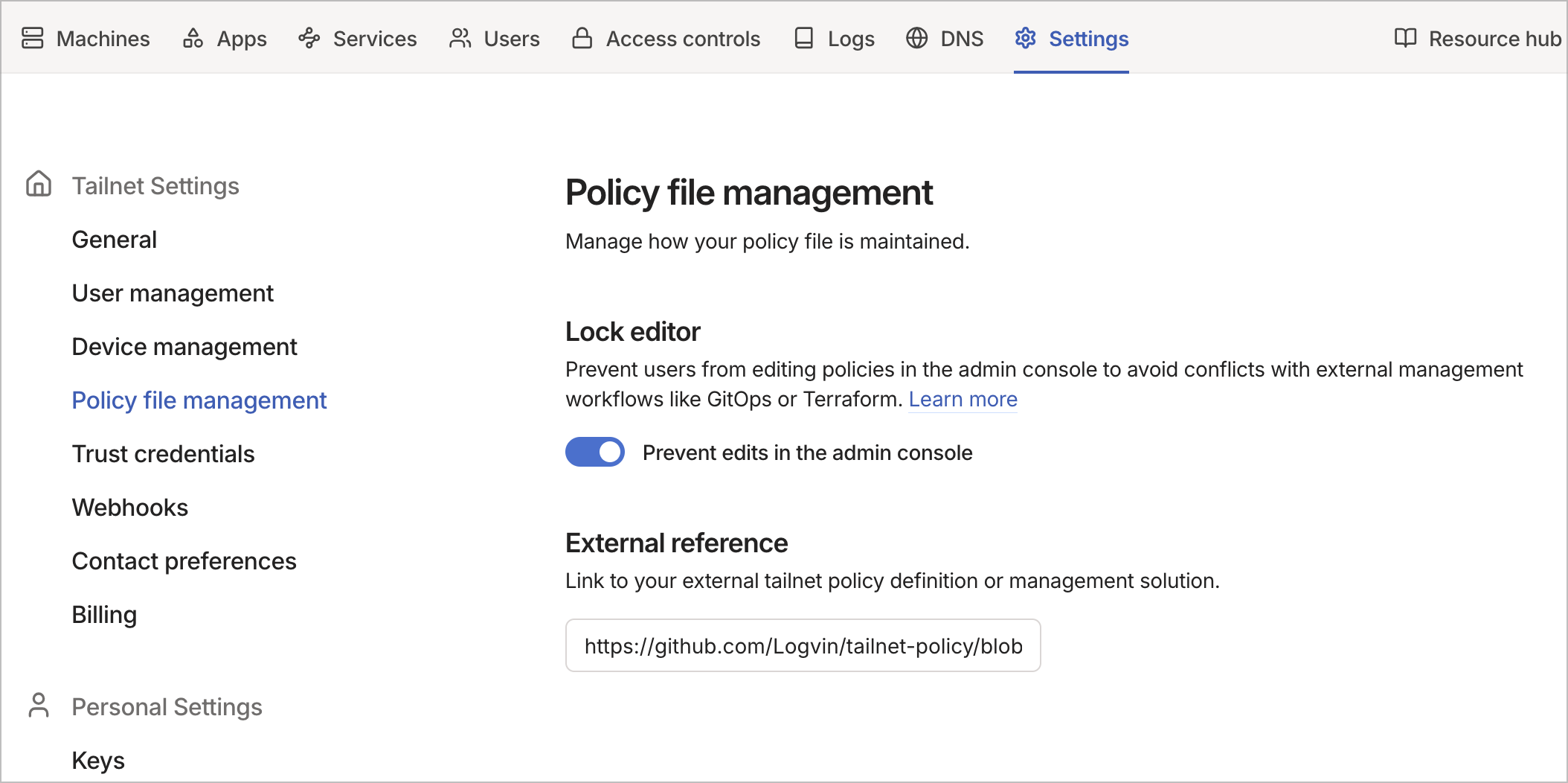 Policy file management page with Lock editor on and External reference filled in