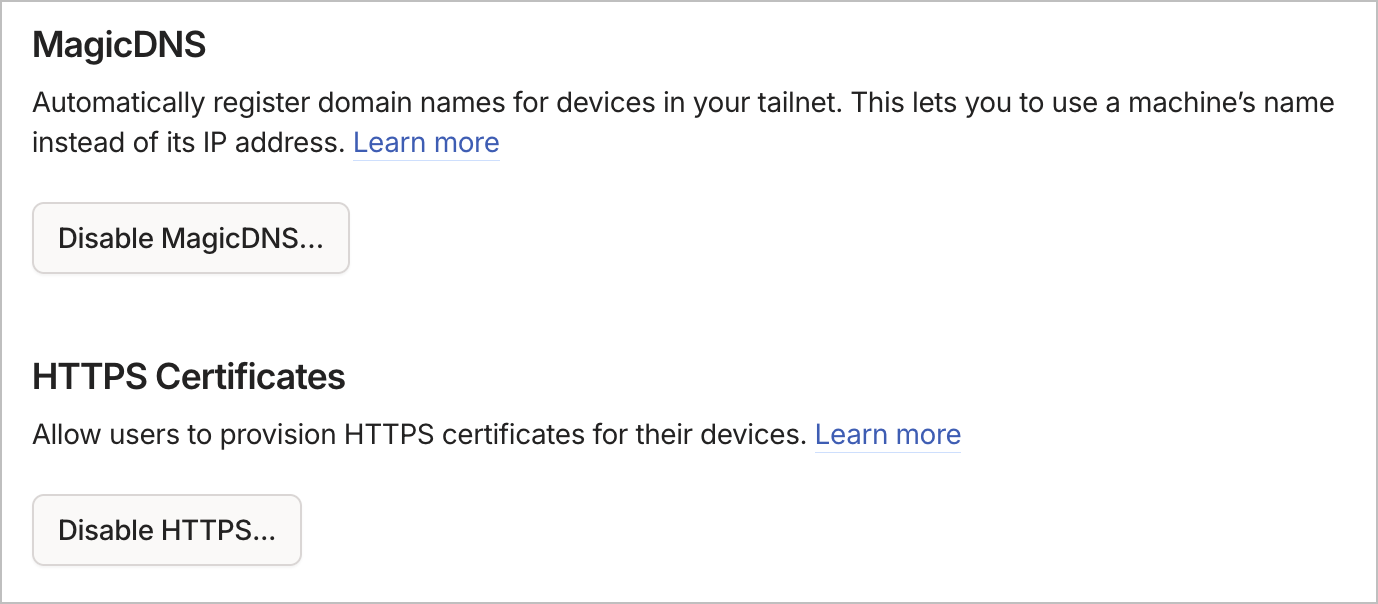DNS settings page with HTTPS Certificates enabled (shows Disable button)