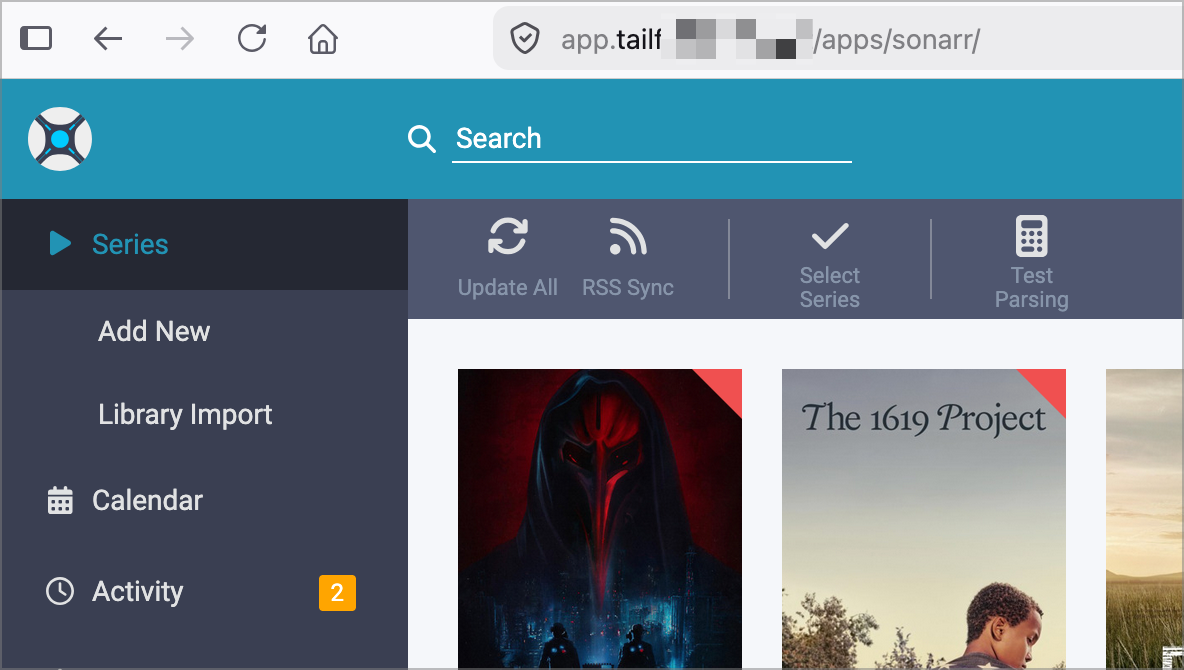 Sonarr loaded via Tailscale Serve at /apps/sonarr/