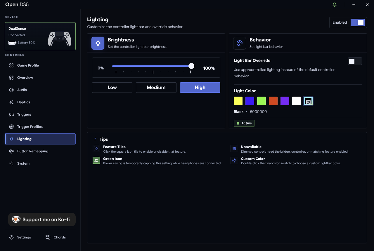 Lighting tab