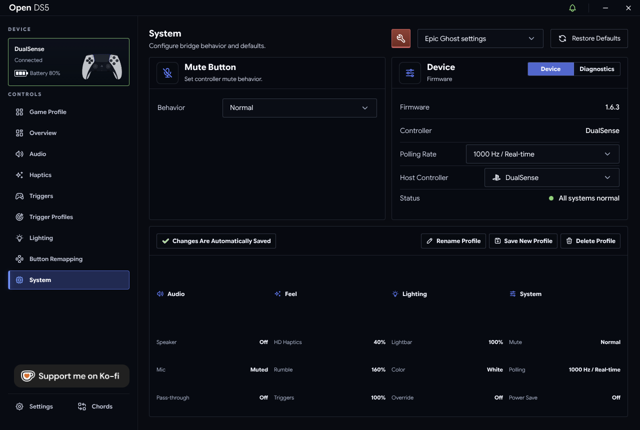 System tab with mute button settings