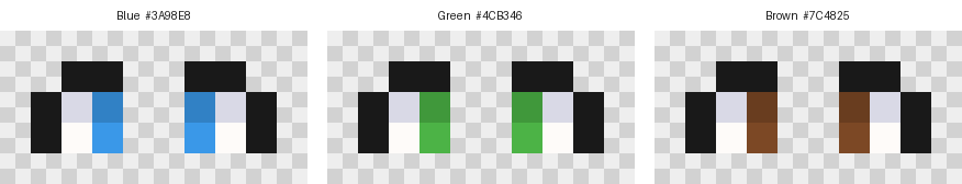 The same eye texture rendered as blue, green, and brown eyes