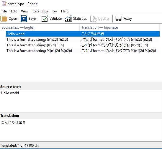 Edit text and save as sample.po