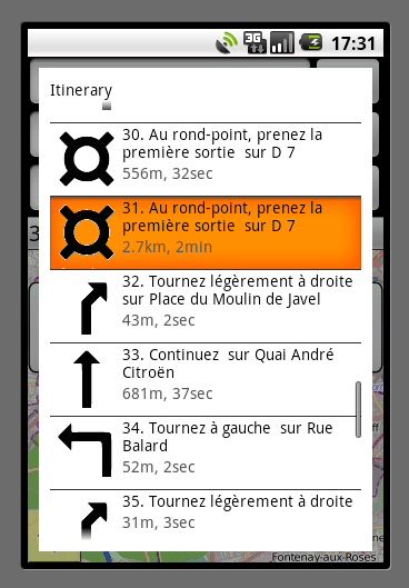 Turn-by-turn instructions shown in list view