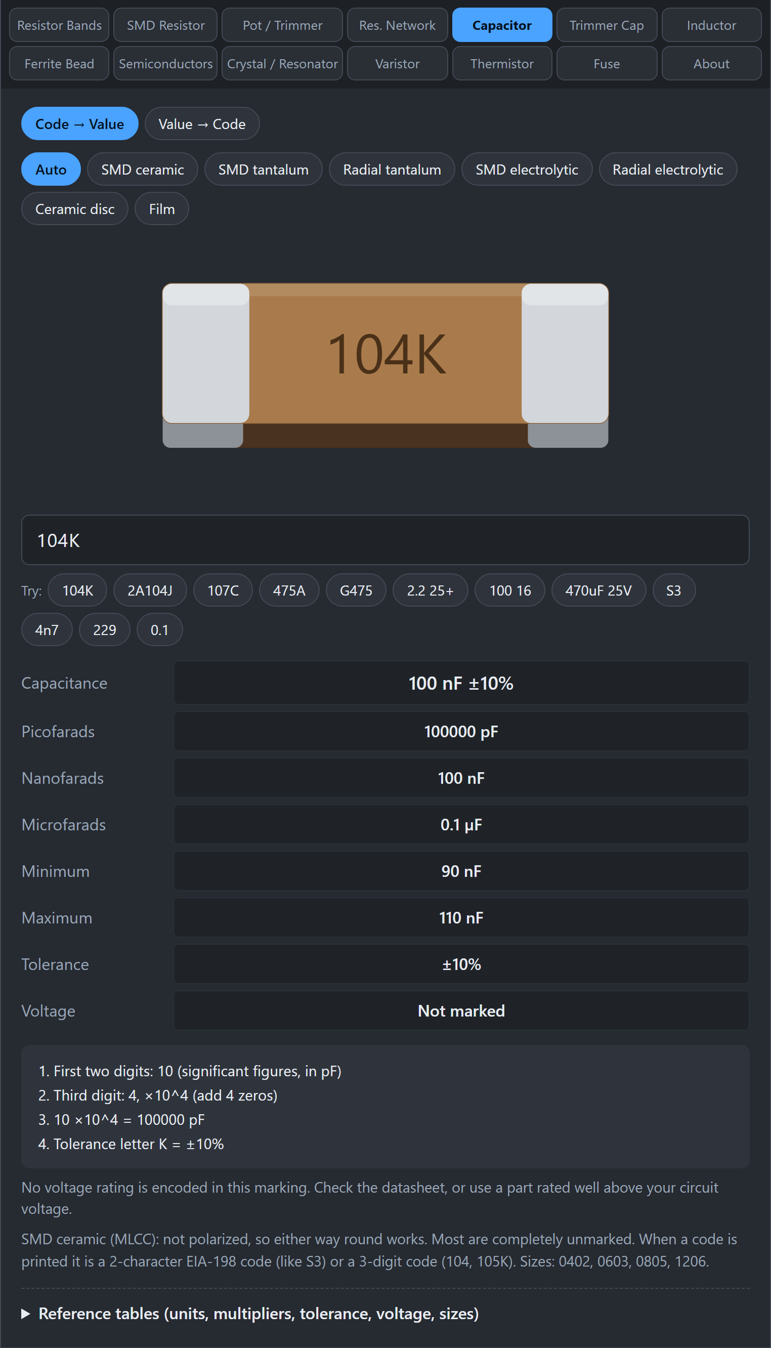 Capacitor tab decoding 104K