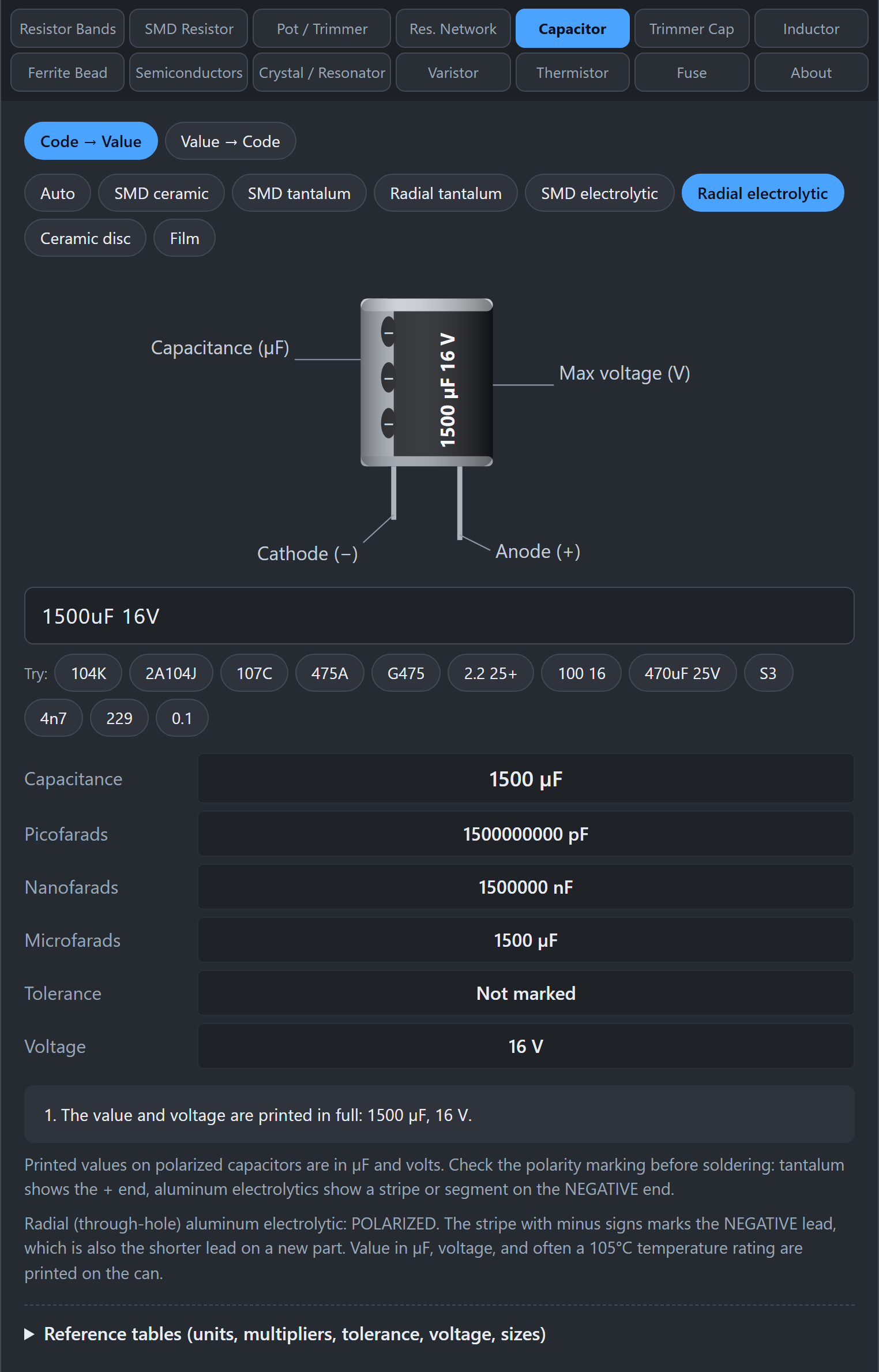 Radial electrolytic capacitor with the cathode and anode labeled