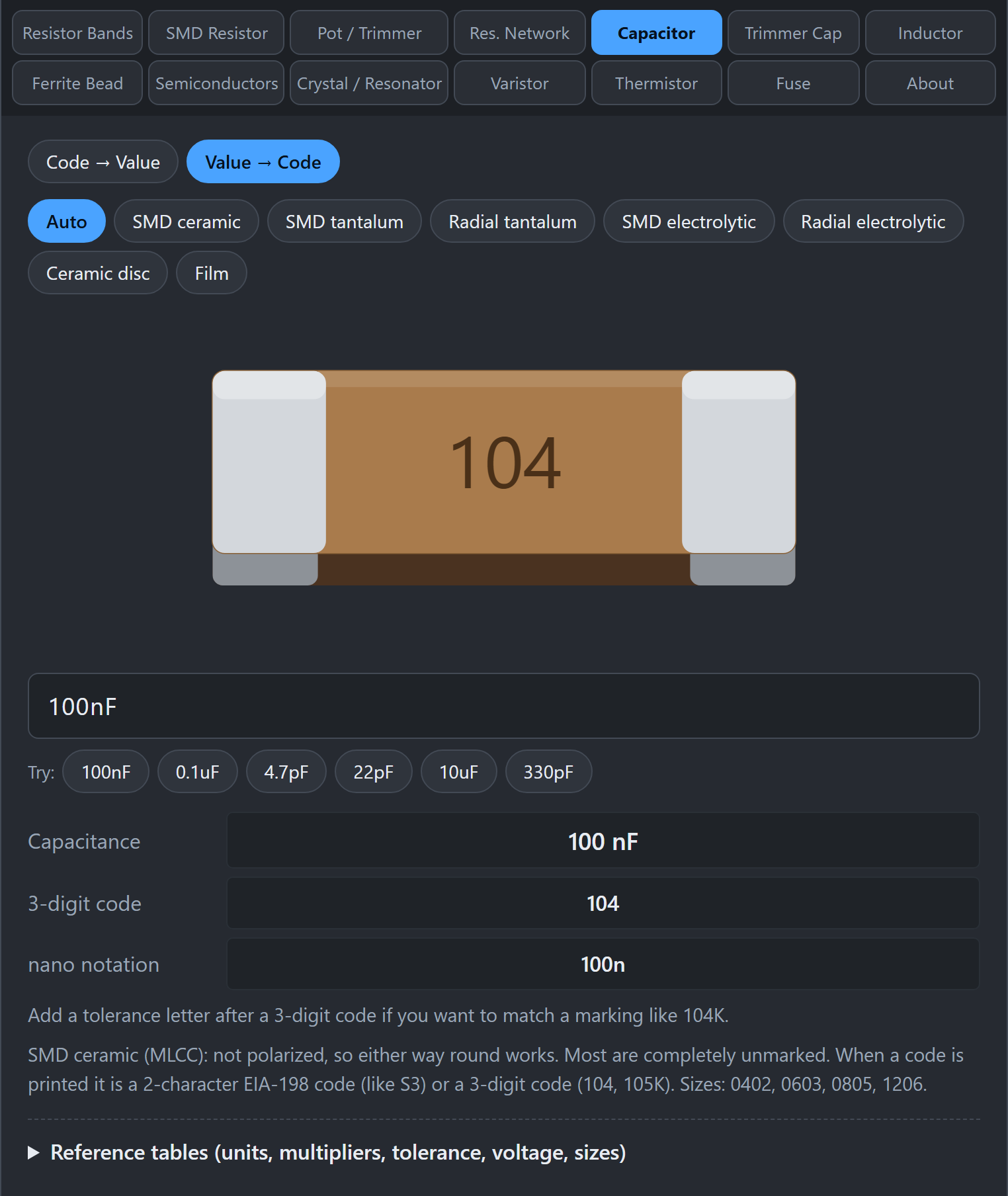 Capacitor tab in Value to Code mode
