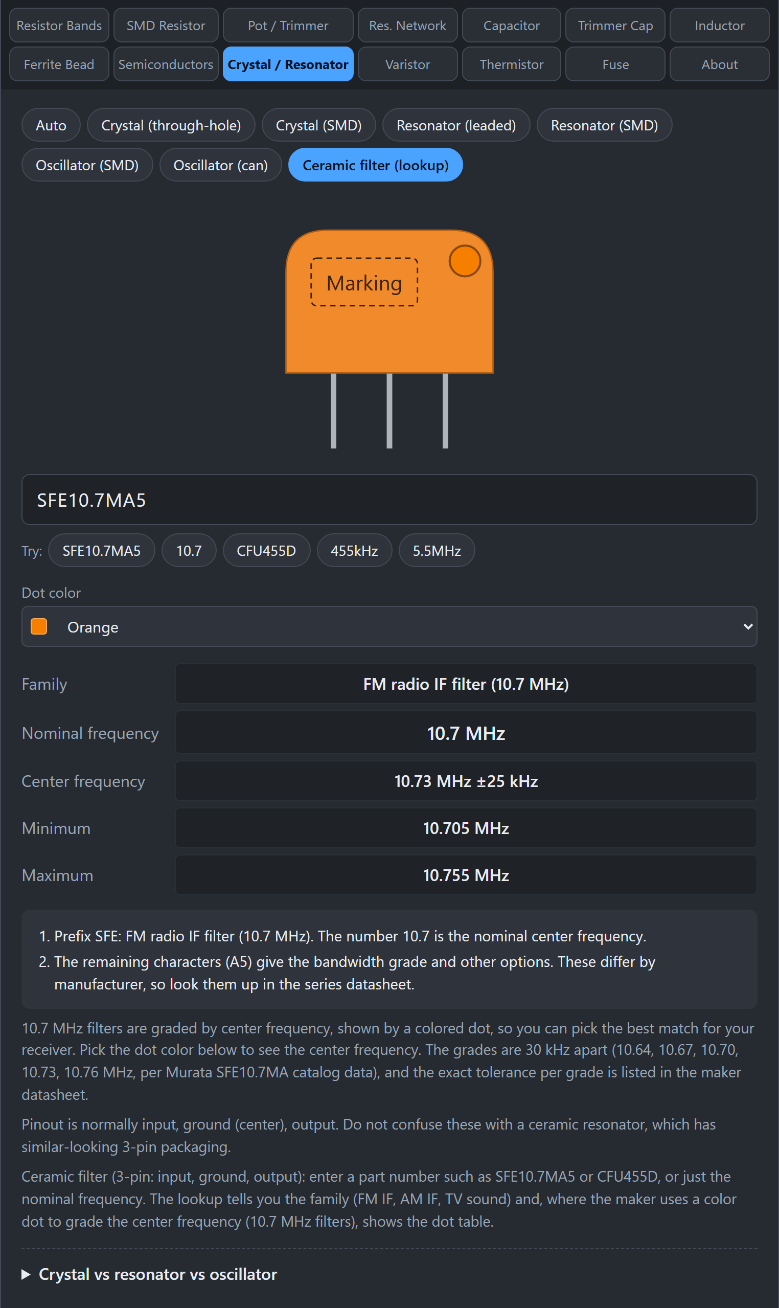 Ceramic filter lookup for SFE10.7MA5 with the orange dot selected