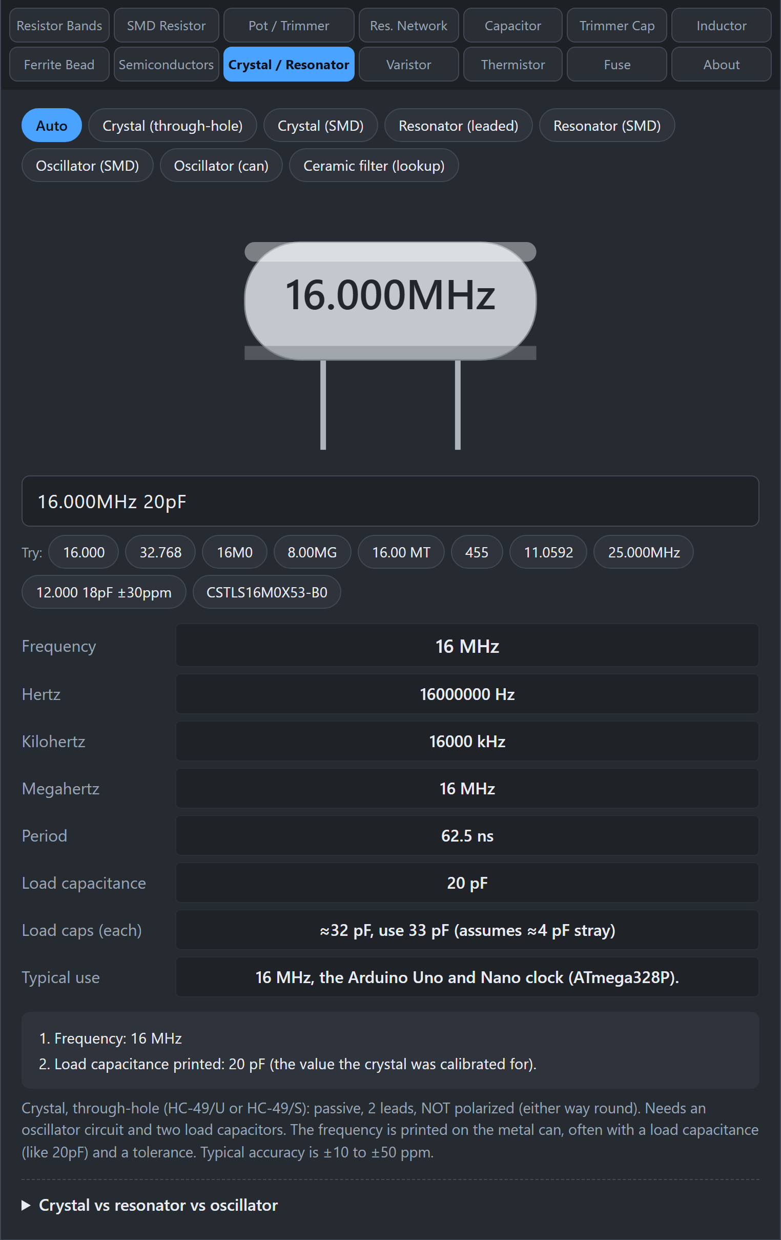 Crystal / Resonator tab decoding 16.000MHz 20pF