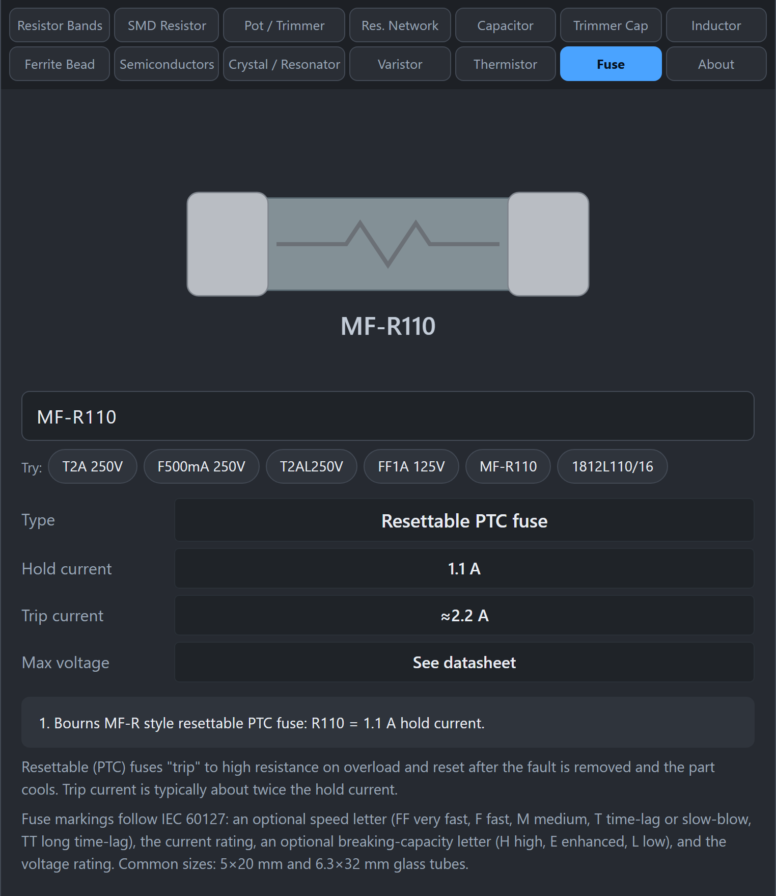 Fuse tab decoding the resettable fuse MF-R110