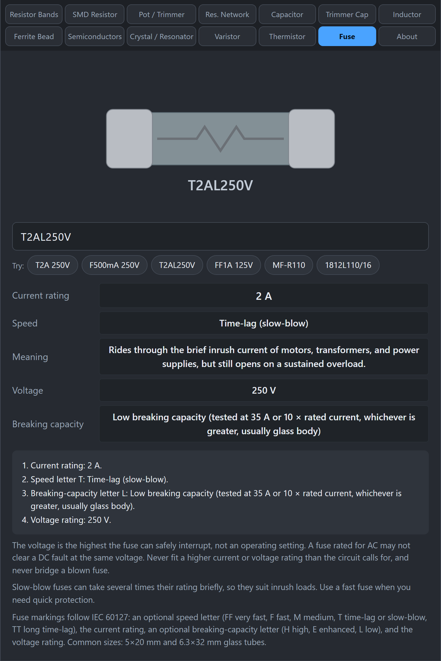Fuse tab decoding T2AL250V