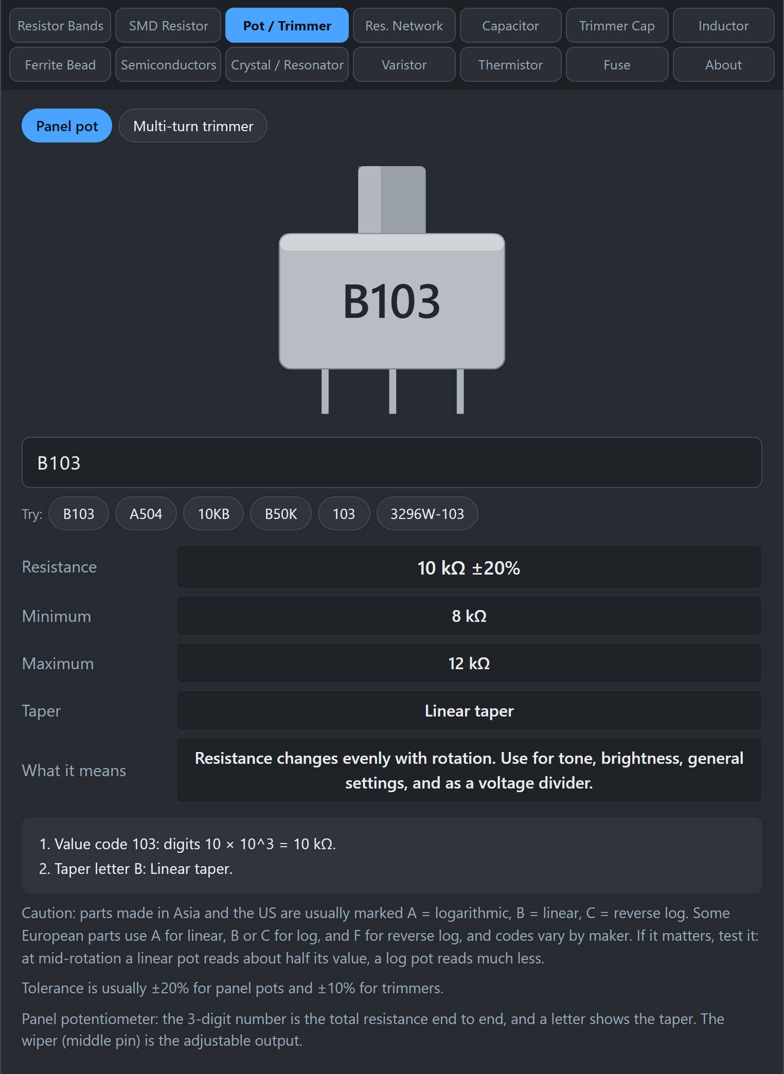 Pot / Trimmer tab decoding B103