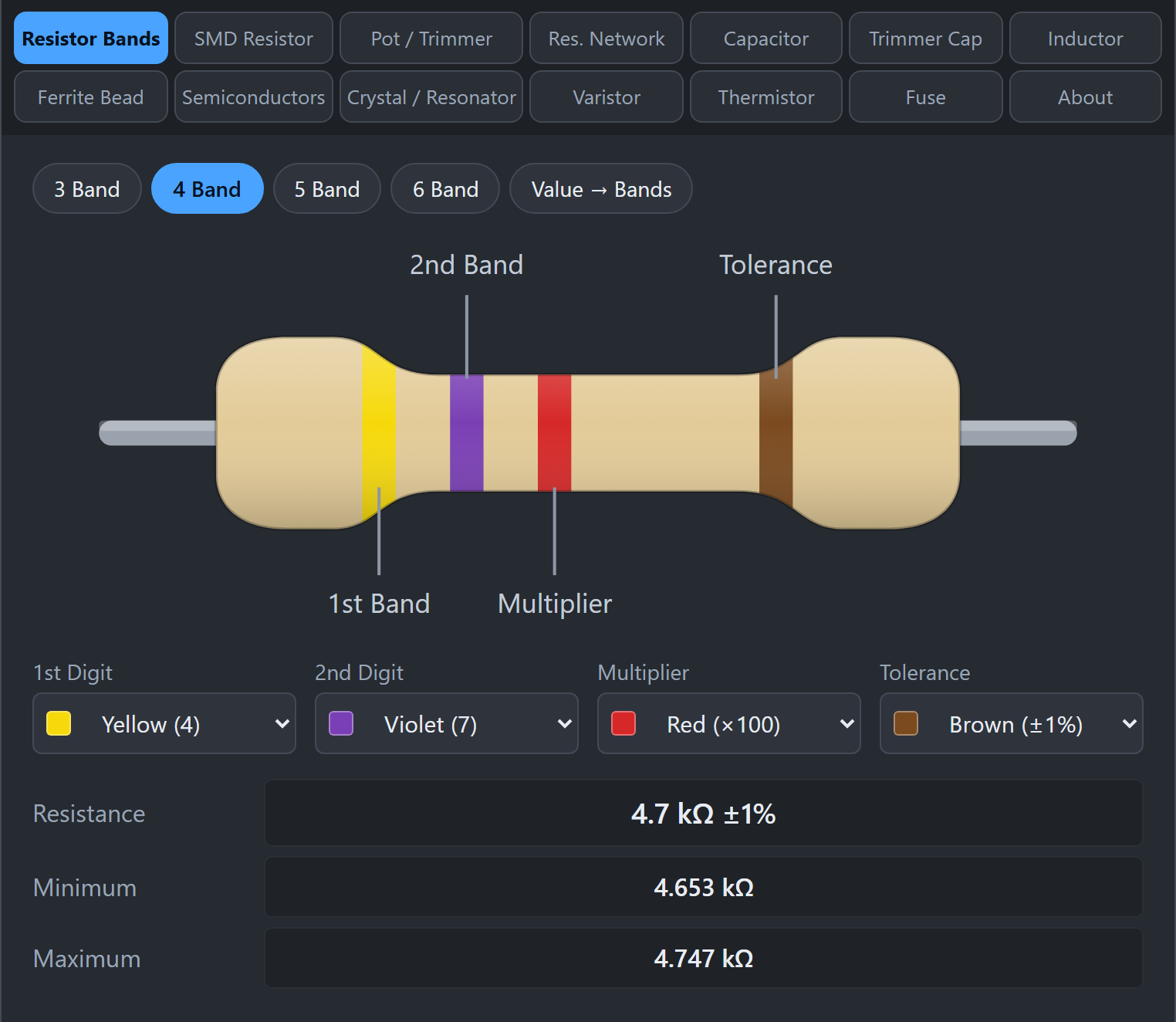 Resistor Bands tab showing yellow, violet, red, brown