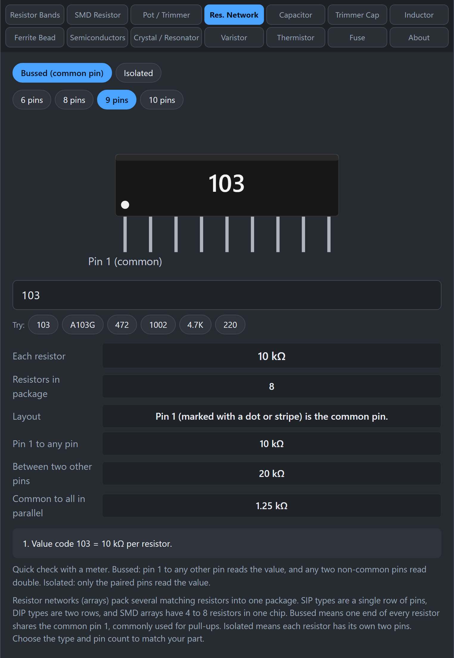 Res. Network tab with a bussed 9-pin network
