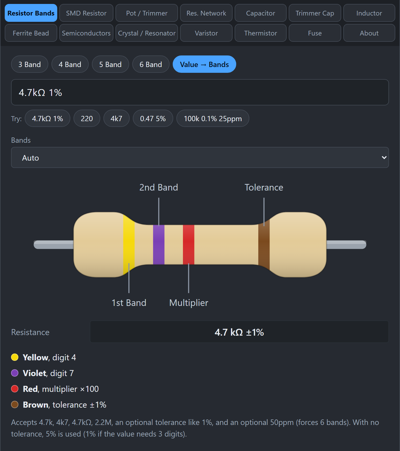 Value to Bands mode showing the bands for 4.7kΩ 1%
