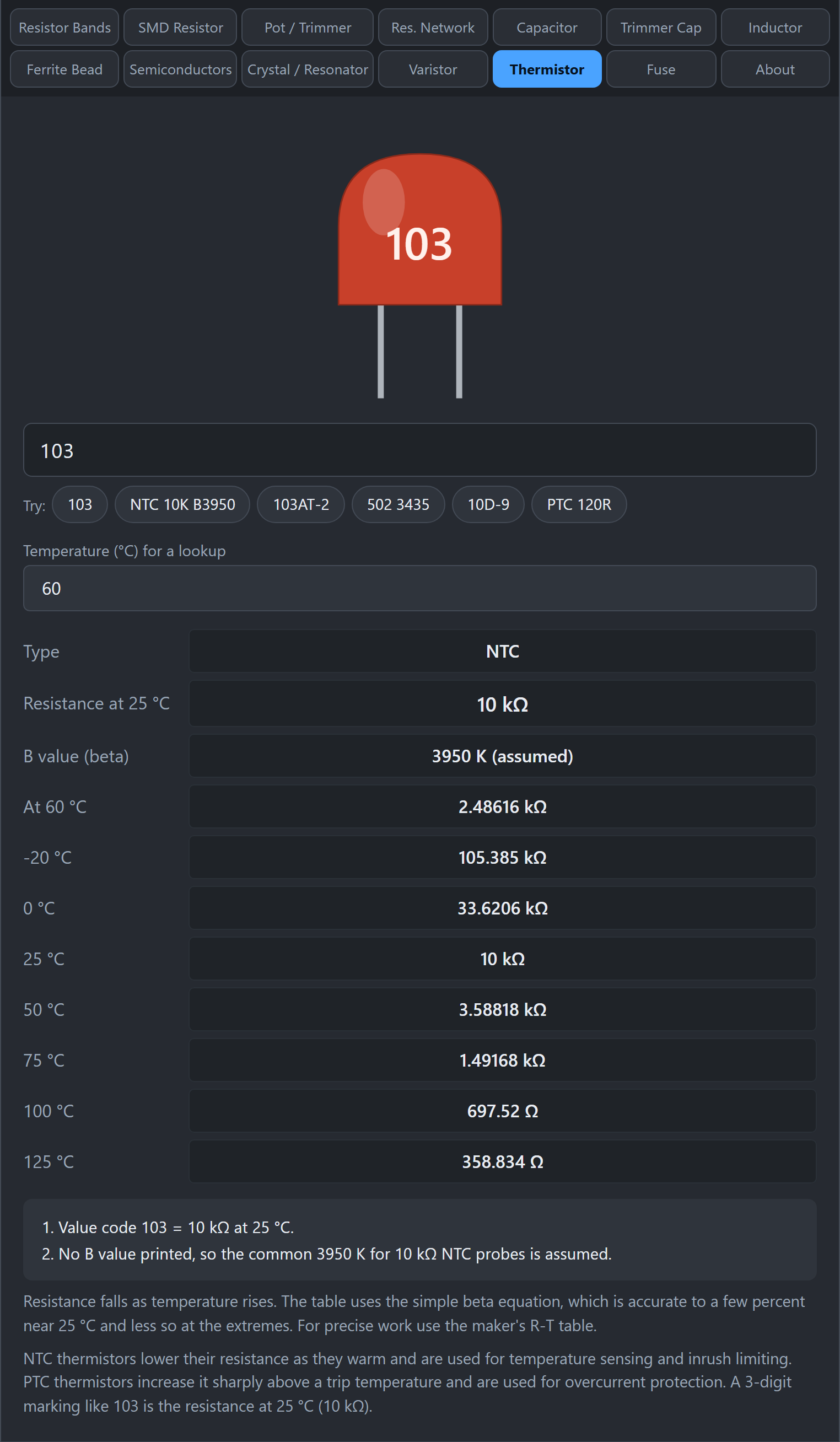 Thermistor tab with a 10 kΩ NTC at 60 °C