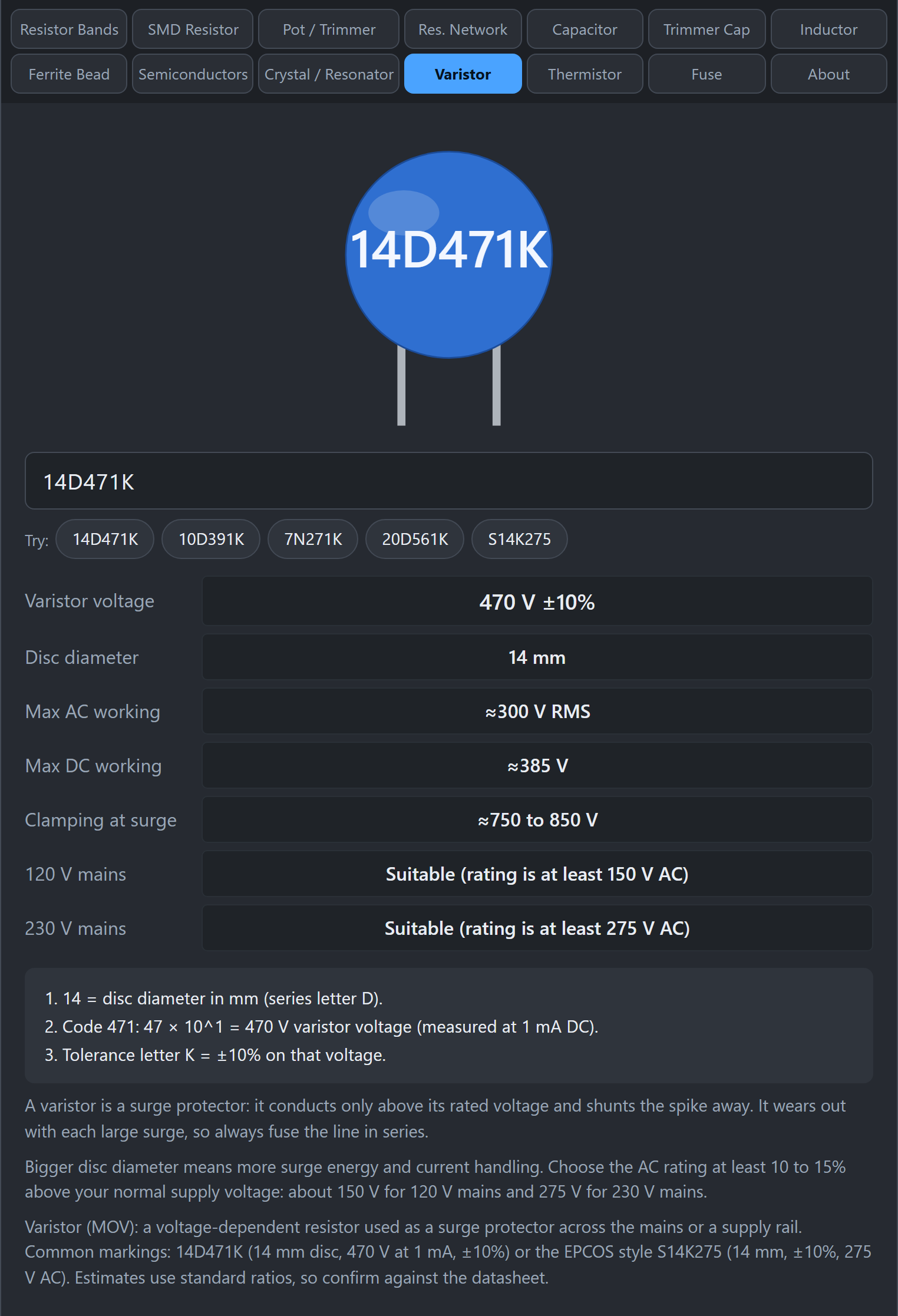 Varistor tab decoding 14D471K