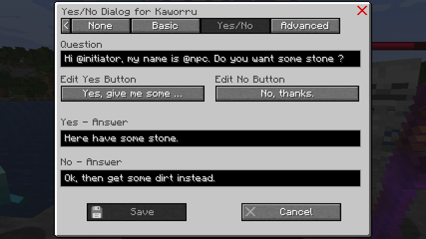 Yes/No Dialog Setup screen